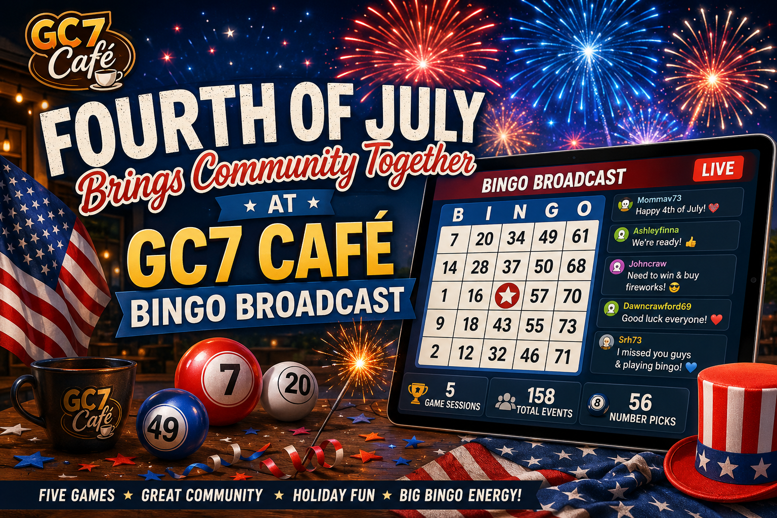 🎆 Fourth of July Brings Community Together at GC7 Café Bingo Broadcast